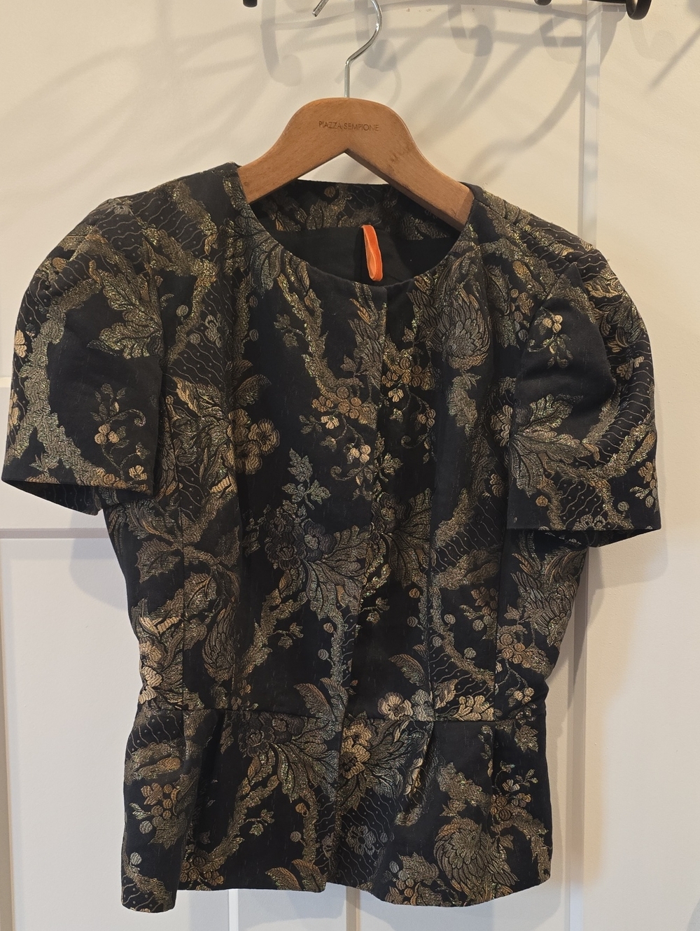 Piazza Sempione Black and Gold Floral Brocade Short Sleeve Jacket